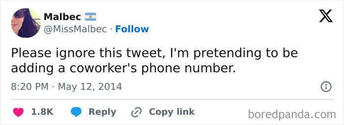 A funny work tweet about pretending to add a coworker's phone number.