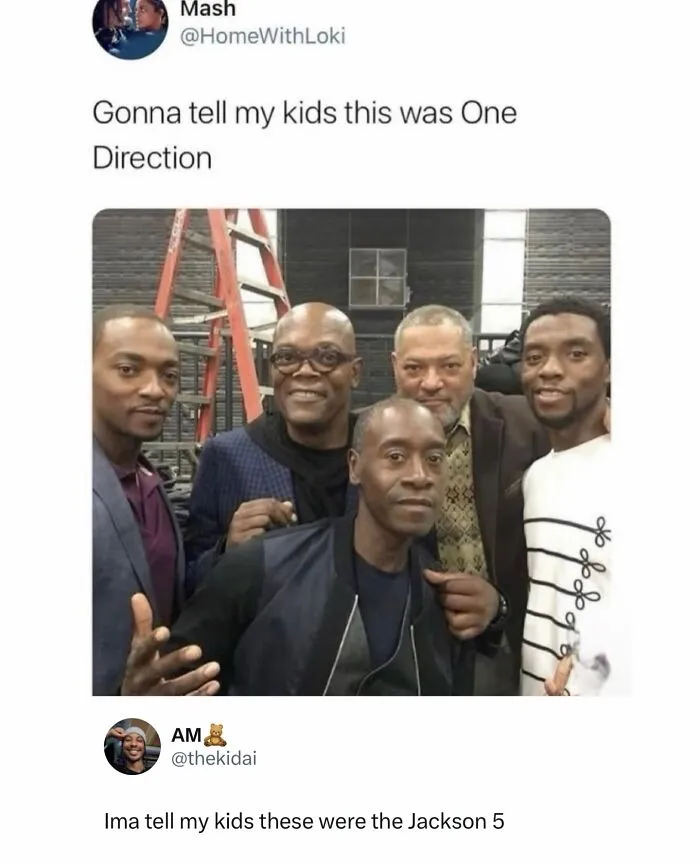 Funny memes showing famous Black actors with a caption jokingly calling them One Direction and the Jackson 5.