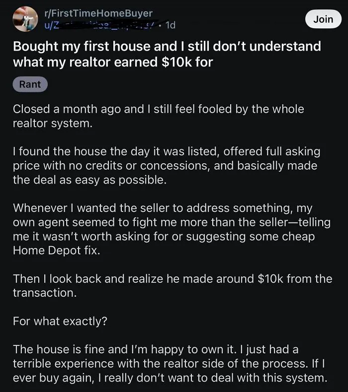 Financial dystopia post about confusion over realtor earning 10k on first house purchase