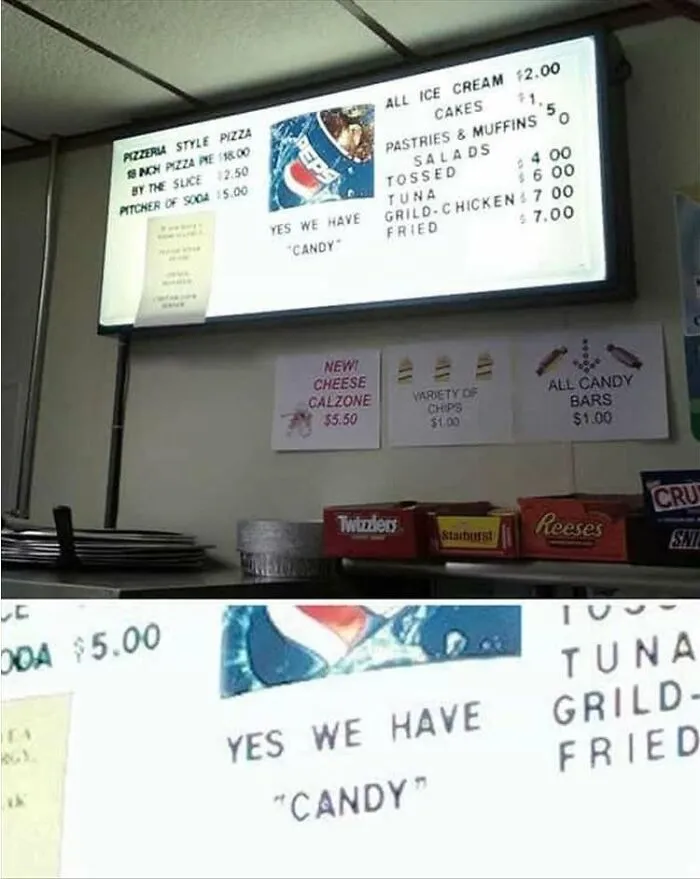 A menu board in a restaurant misusing quotation marks around the word CANDY.