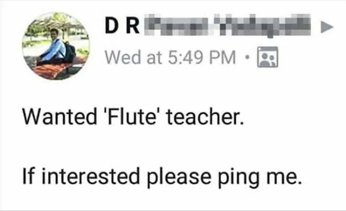 A social media post demonstrating misused quotation marks around the word flute in a request for a music teacher.