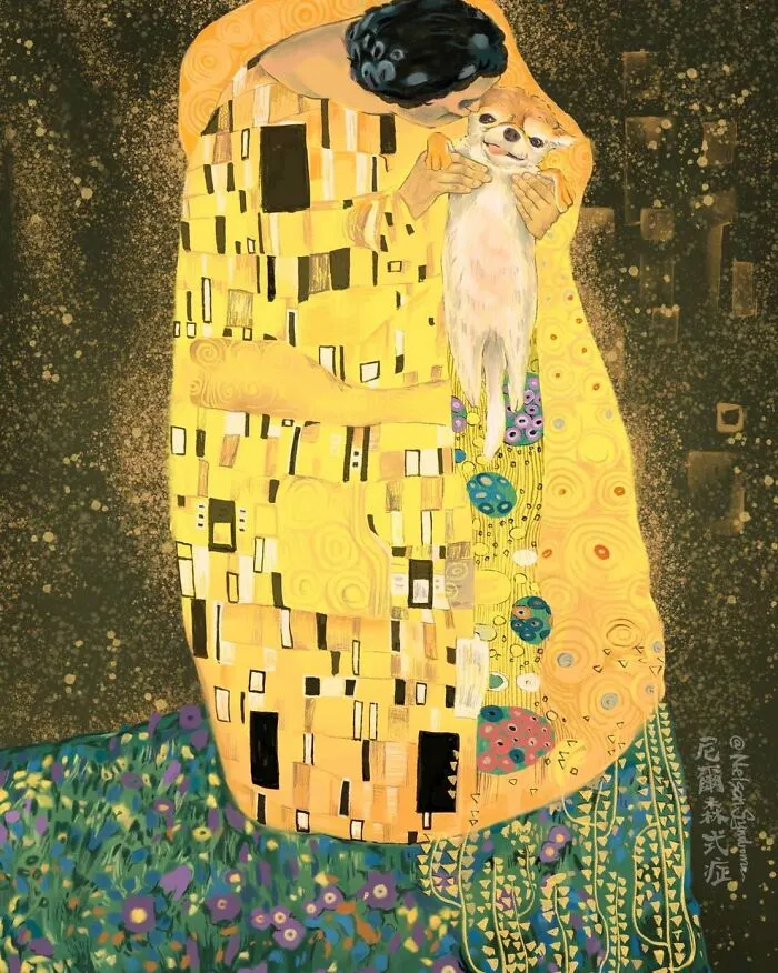 Animal-filled parodies illustration of a dog inside Klimts The Kiss by Nelson Syndrome