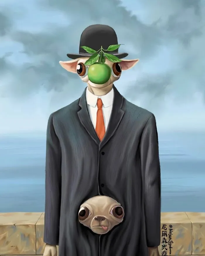 The Son of Man chihuahua parody by Nelson Syndrome, turning famous paintings into animal-filled parodies