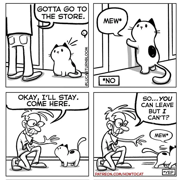 Four-panel comic by Lucas Turnbloom showing relatable cat behaviors about a owner trying to leave the house.