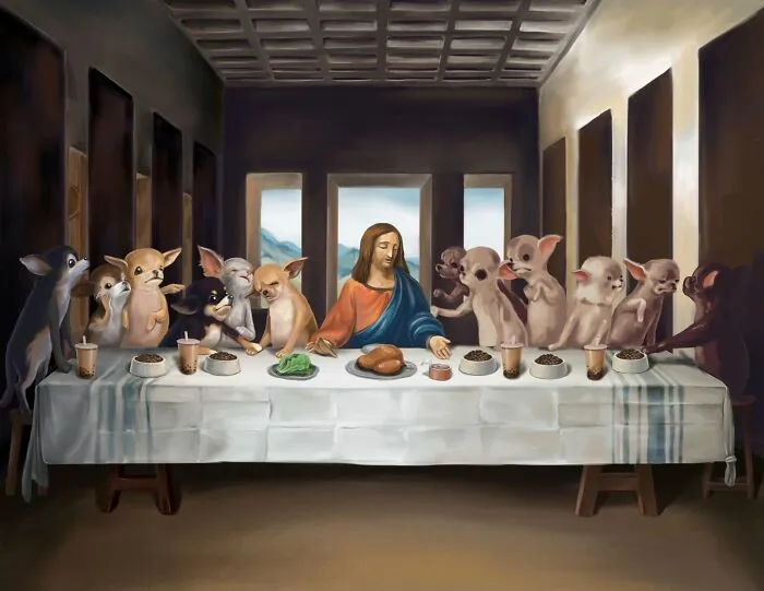 The Last Supper parodied with chihuahuas by Nelson Syndrome, transforming famous paintings into animal parodies