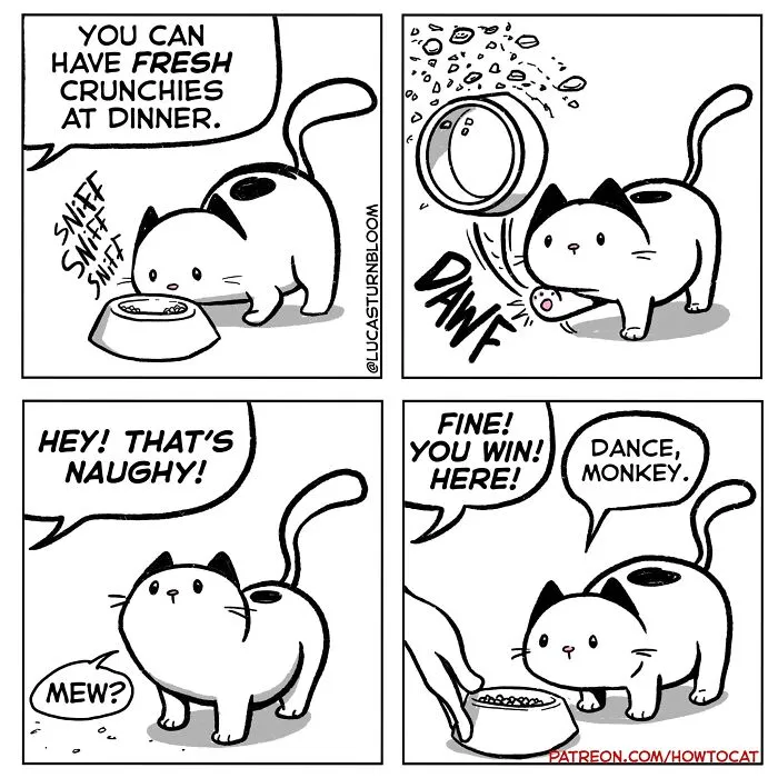 Four-panel comic portraying relatable cat behaviors where a cat flips its food bowl to get fresh food, by Lucas Turnbloom.