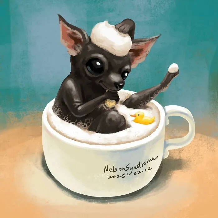 Chihuahua dog bathing in a teacup with foam, illustrations by Nelson Syndrome style parody.