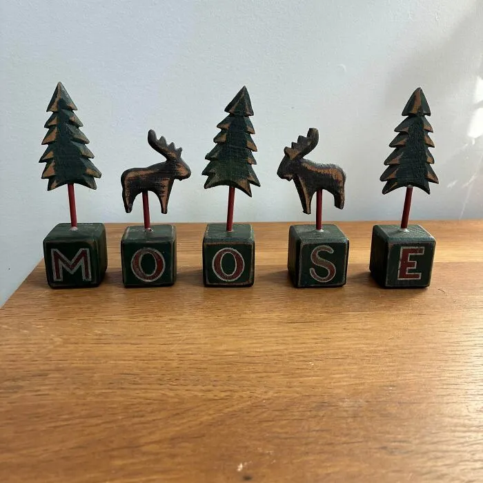 Wooden letter blocks spelling moose with moose and tree figurines thrift store find