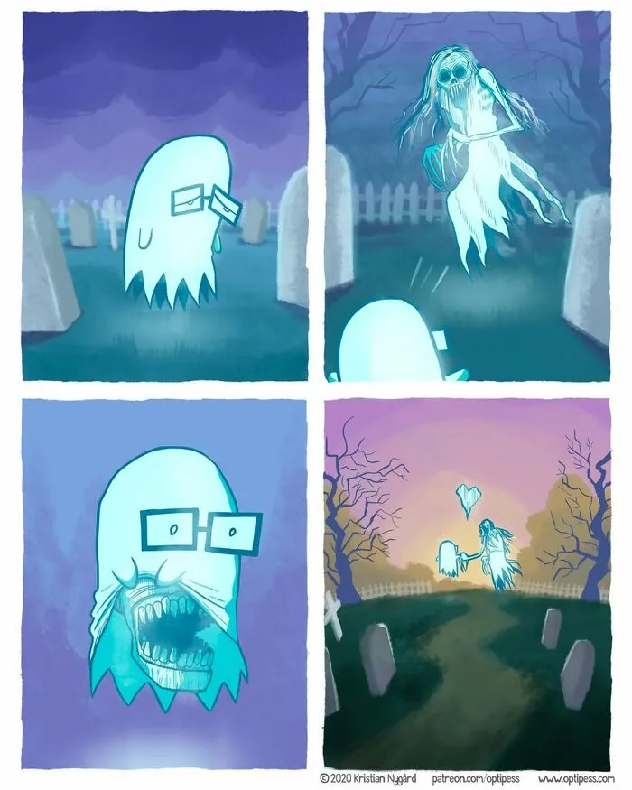 A dark humor comic by Kristian Nygård featuring a sheet ghost revealing its scary face to a ghoul in a graveyard.