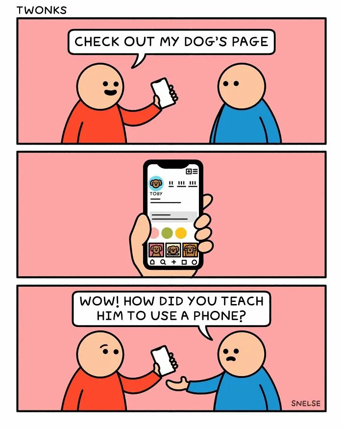 Funny comic by Steve Nelson of a man showing his friends a social media page made for his dog.
