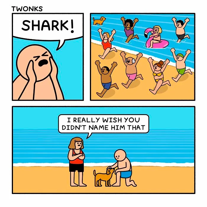 Funny comic by Steve Nelson about a man shouting Shark to call his dog, causing beachgoers to panic.