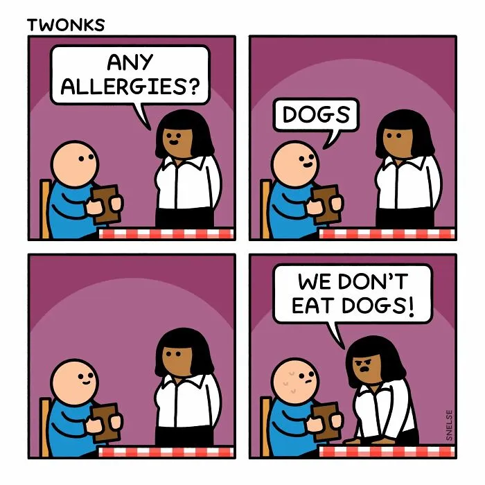Funny comic by Steve Nelson showing a restaurant scene where a man says he is allergic to dogs.