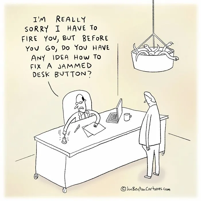 A humorous comedy cartoon of a boss firing an employee at a desk.