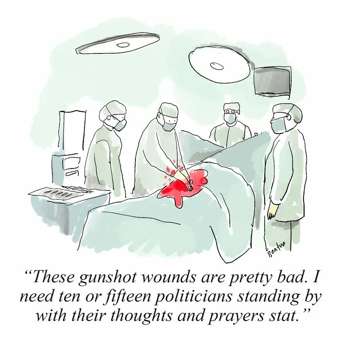 A satirical comedy cartoon depicting surgeons operating on a patient.