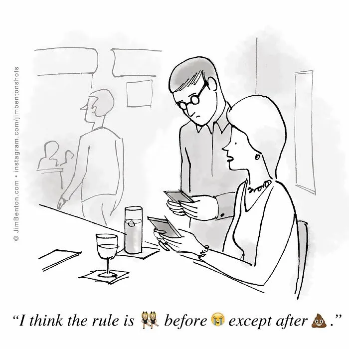 A funny comedy cartoon showing two people looking at their phones.