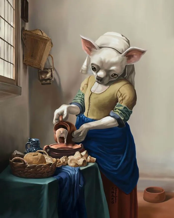 Nelson Syndrome illustrations parodying Johannes Vermeer's The Milkmaid with a chihuahua