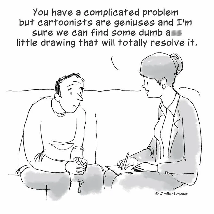 A black and white comedy cartoon about a therapist talking to a man.
