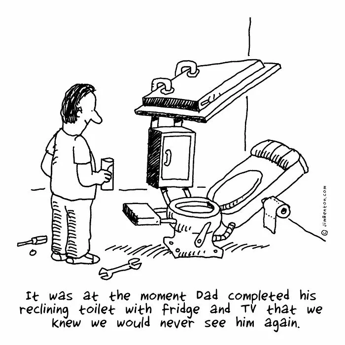 New comic drawing of a man standing next to an over-engineered reclining toilet system.