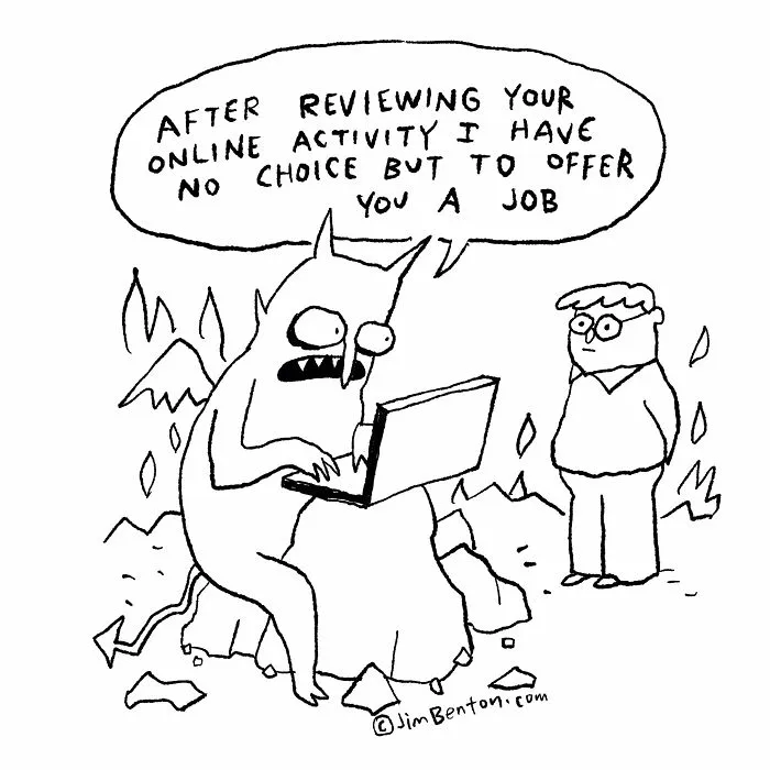 Funny cartoon showing a devil offering a man a job after reviewing his online activity.