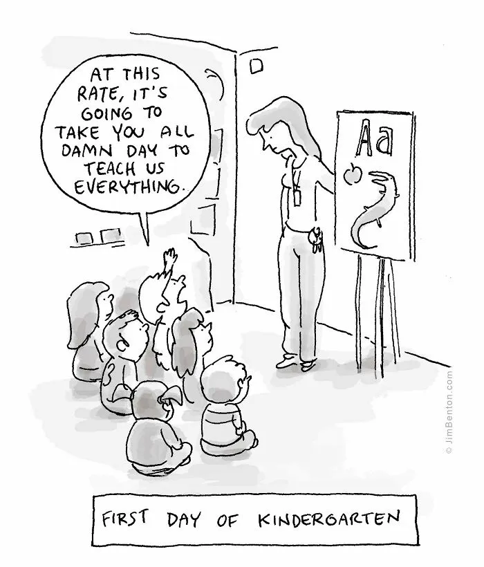 A comedy comic by a cartoonist showing an impatient child complaining on the first day of kindergarten.