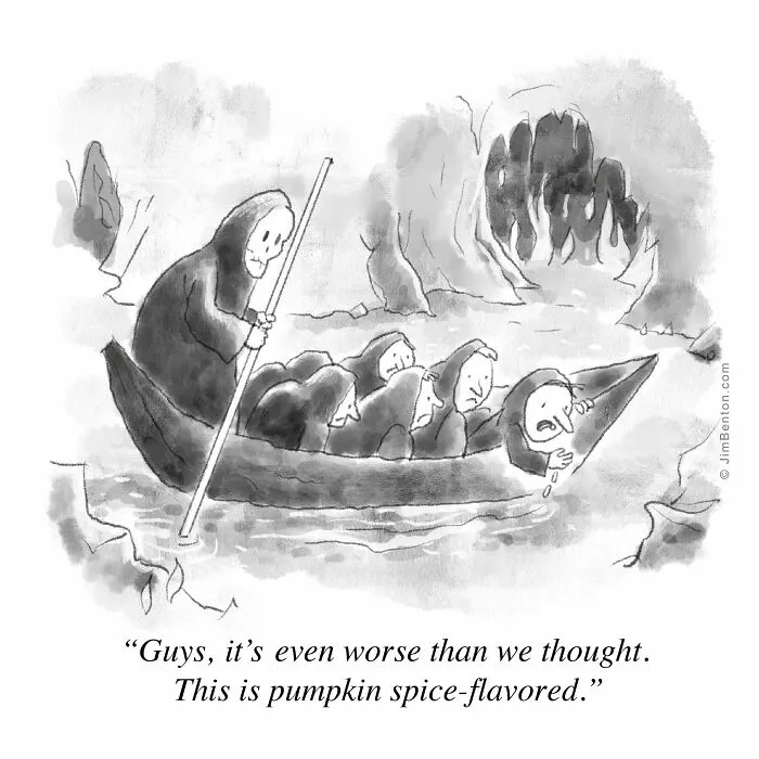 A funny cartoon about Charon rowing souls in a boat who complain about pumpkin spice.