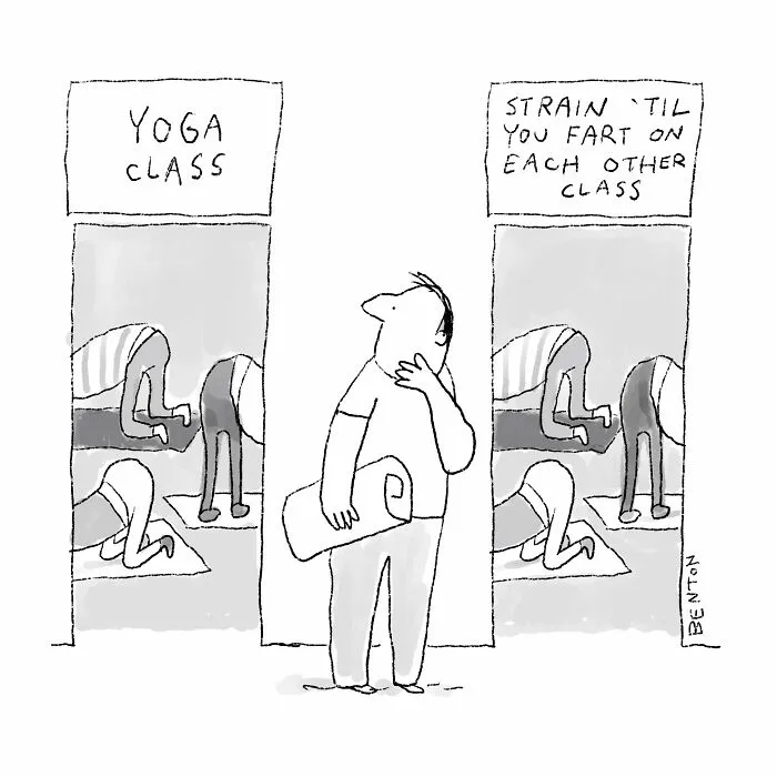 A funny cartoon by a cartoonist showing a man holding a yoga mat deciding between two identical workout classes.