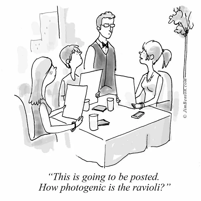 A humorous cartoon by a cartoonist depicting diners at a restaurant asking the waiter about their food.