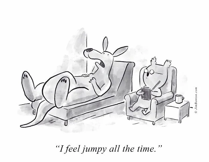 A funny cartoon by a cartoonist featuring a kangaroo lying on a couch talking to a koala therapist.
