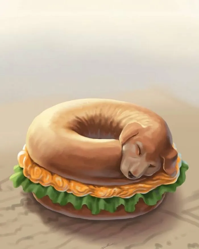 Illustrations By Nelson Syndrome drawing of a sleeping puppy curled up like a bagel sandwich