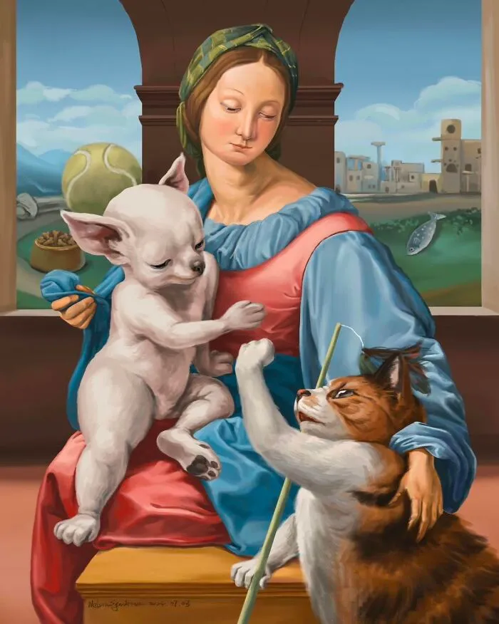 Illustrations By Nelson Syndrome parody painting of a woman holding a chihuahua and a cat