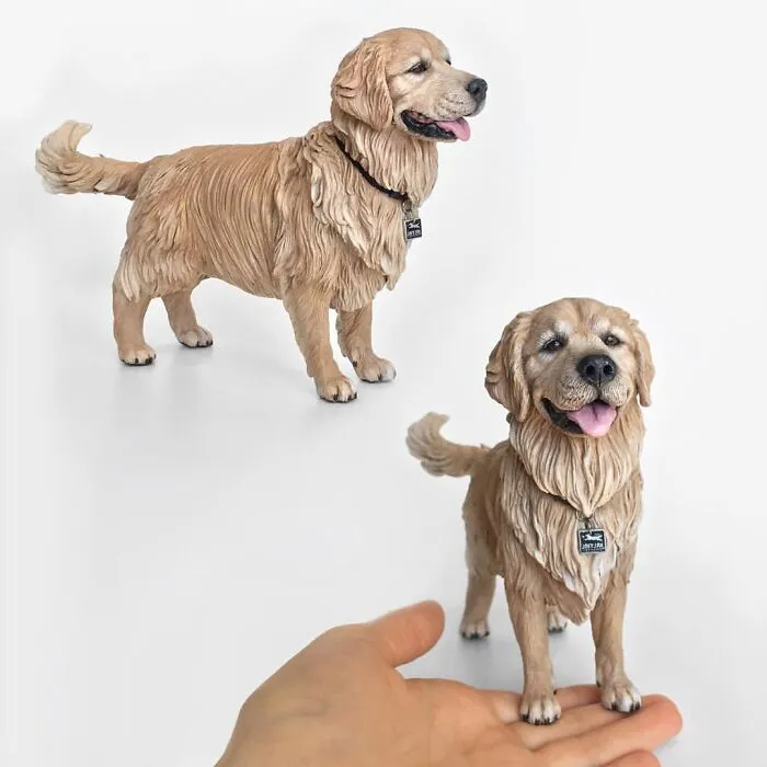 Two views of a hyperrealistic sculpture of a Golden Retriever pet standing.