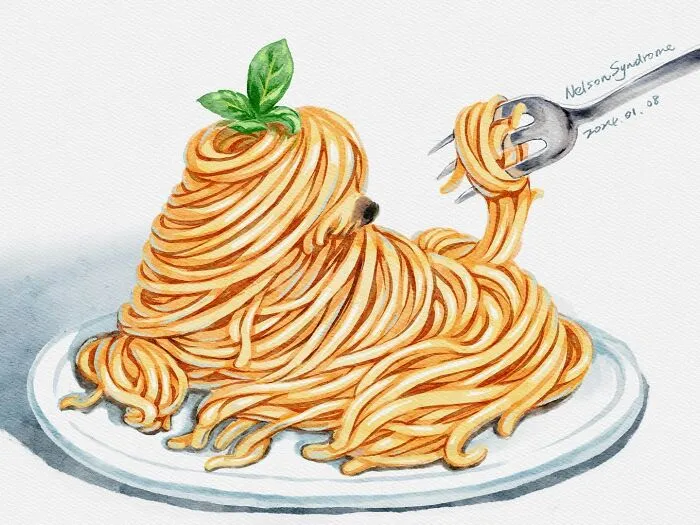 Clever illustration by Nelson Syndrome of a dog made entirely of spaghetti, twirling itself on a fork.