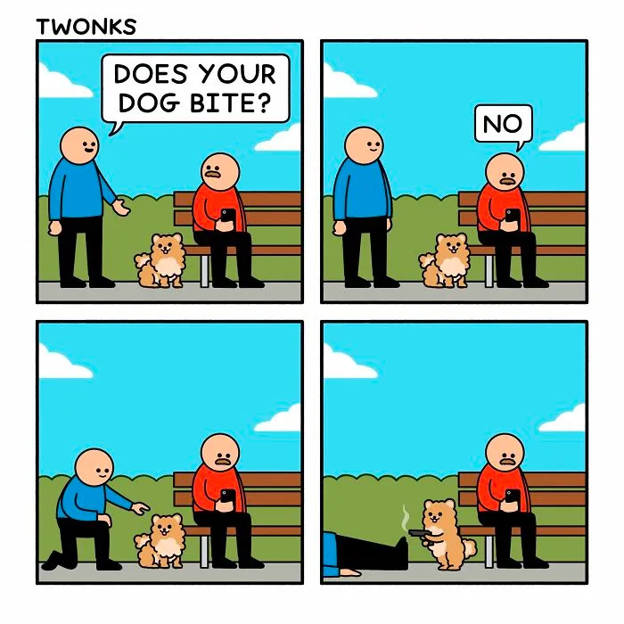 Funny comic by Steve Nelson about a cute dog holding a gun at a park.