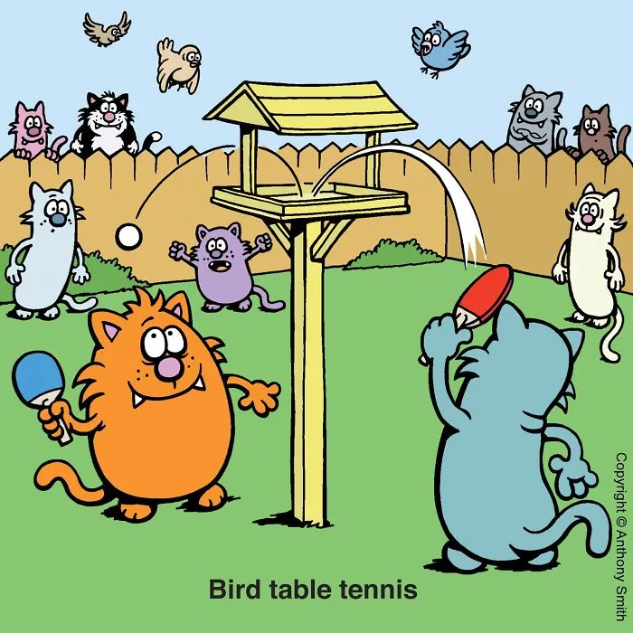 Funny cat comic showing cartoon cats using a wooden bird feeder as a ping pong net in a backyard.