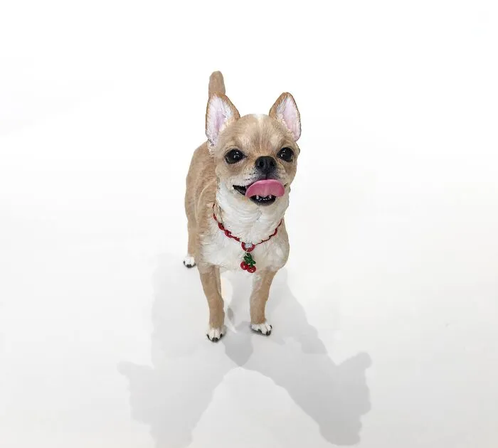 Detailed hyperrealistic sculpture of a small chihuahua dog wearing a cherry necklace on a white background