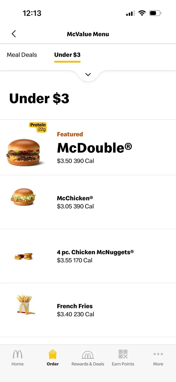 A fast-food app menu showing absurd products under a under three dollar category costing more.