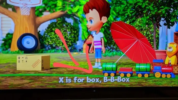 Absurd educational graphic with an arrow pointing to a train car for the letter X.