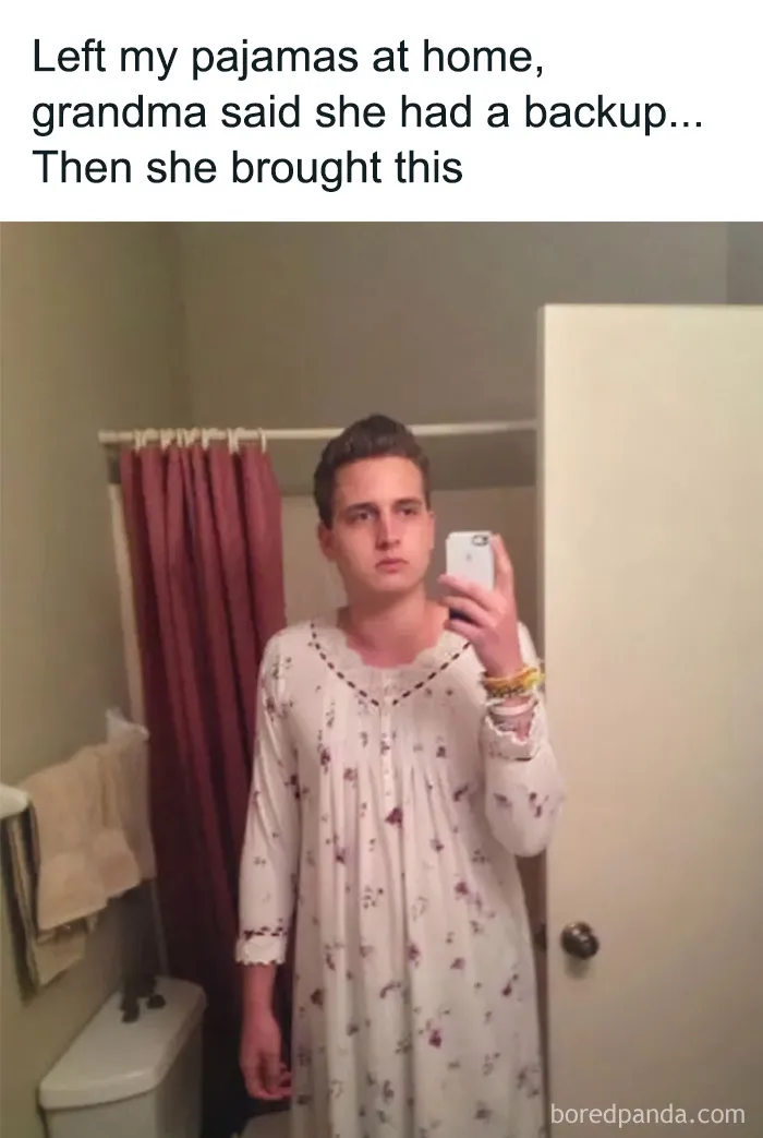 Edgy memes showing a man wearing a floral nightgown in a bathroom.