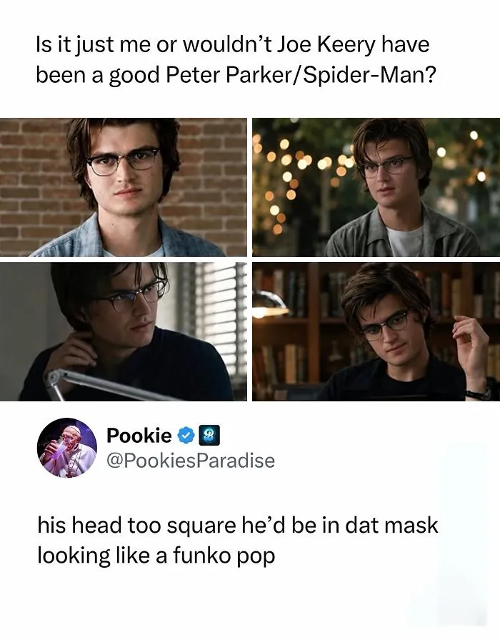 Funny memes discussing Joe Keery as Spider-Man and looking like a Funko Pop.