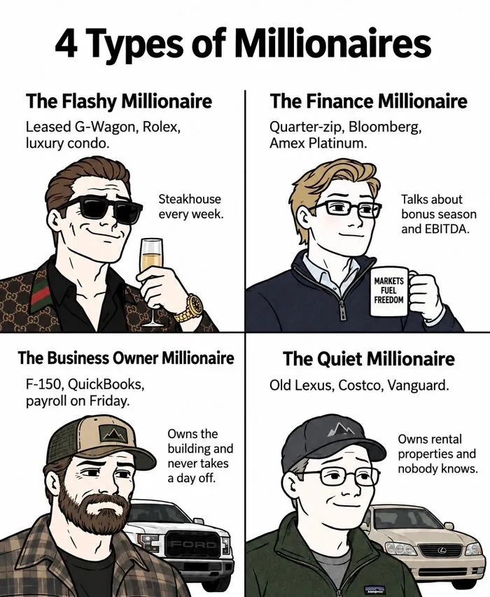 Four types of millionaires including flashy, finance, business owner, and quiet millionaire