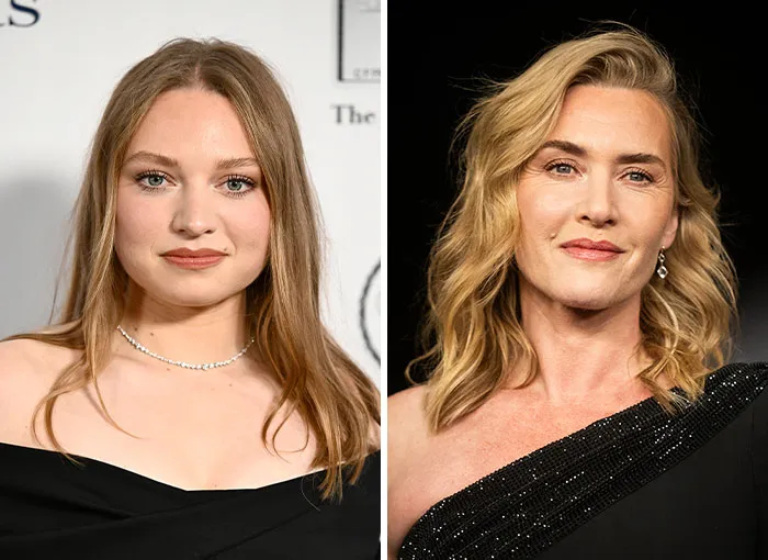 Side-by-side portraits of Mia Threapleton and Kate Winslet representing nepo babies in Hollywood.