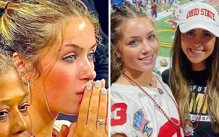 Close-up of woman in stands at Texas football game