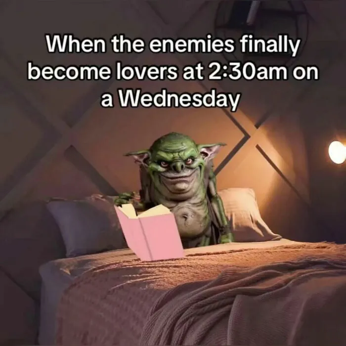 Fantasy creature reading a book in bed late at night with text about enemies becoming lovers, reading meme