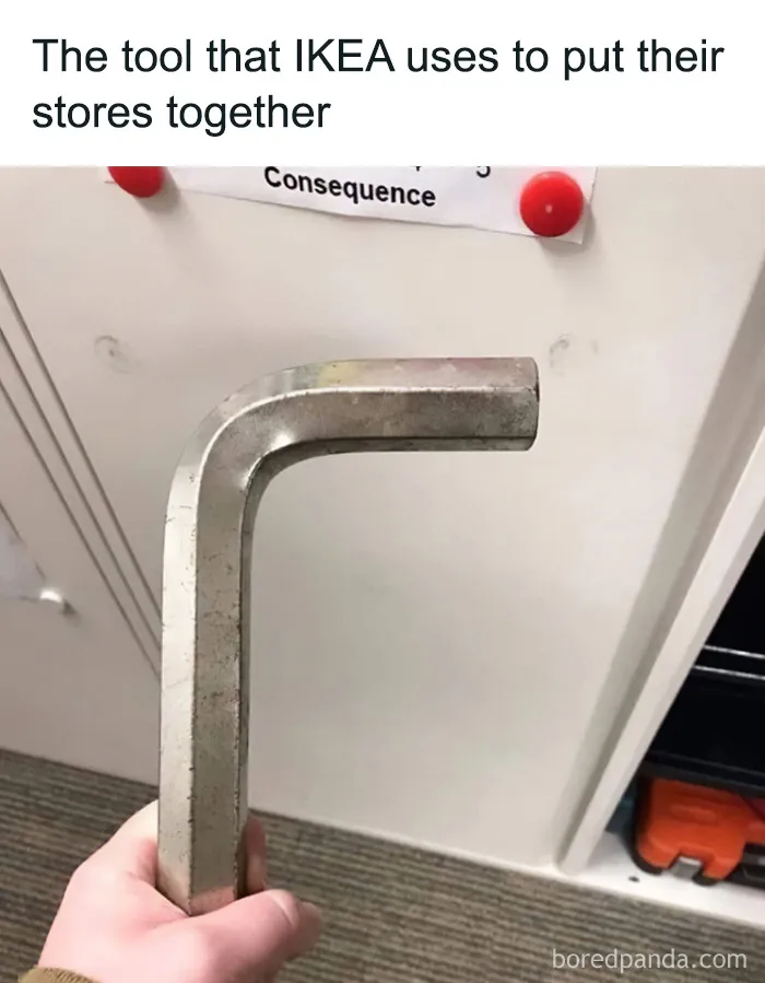 Hand holding a giant hex key as a giant IKEA tool, part of funny cringe construction fails memes.