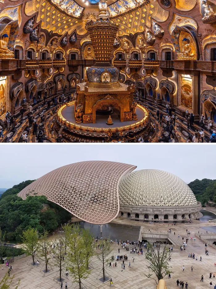 Interior and exterior views of intricate temple and dome architectural masterpieces with grand golden details.