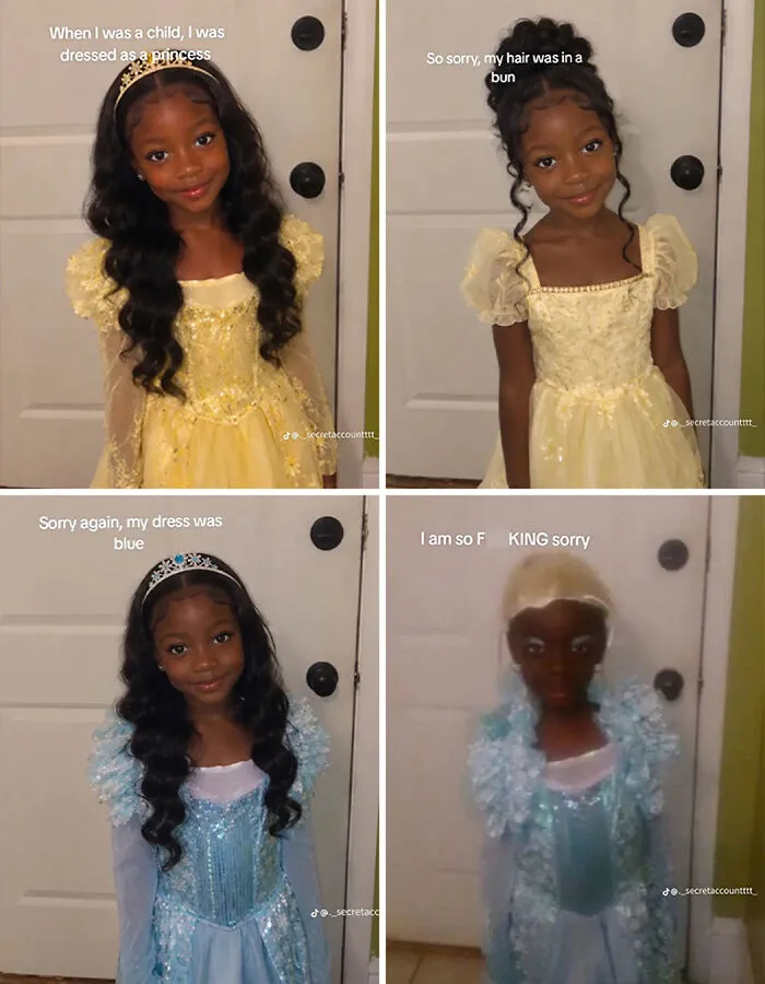 Four-frame TikTok trend meme showing humorous image transformations of a child dressed in a princess costume