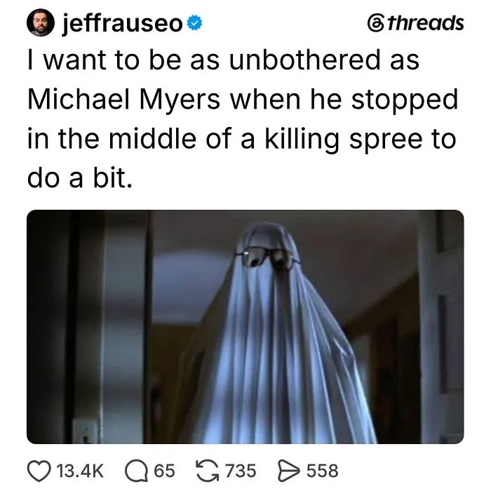 Spooky season post featuring Michael Myers wearing a sheet costume and glasses.