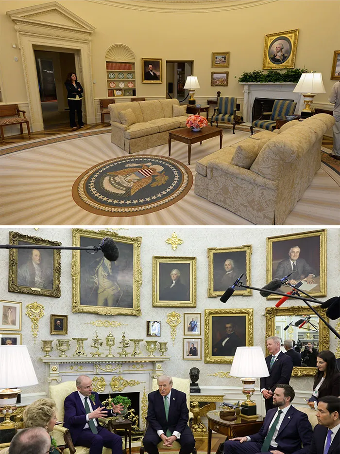 Side-by-side photos of Obama and Trump Oval Offices showing simple decor compared to ornate gold-framed portraits