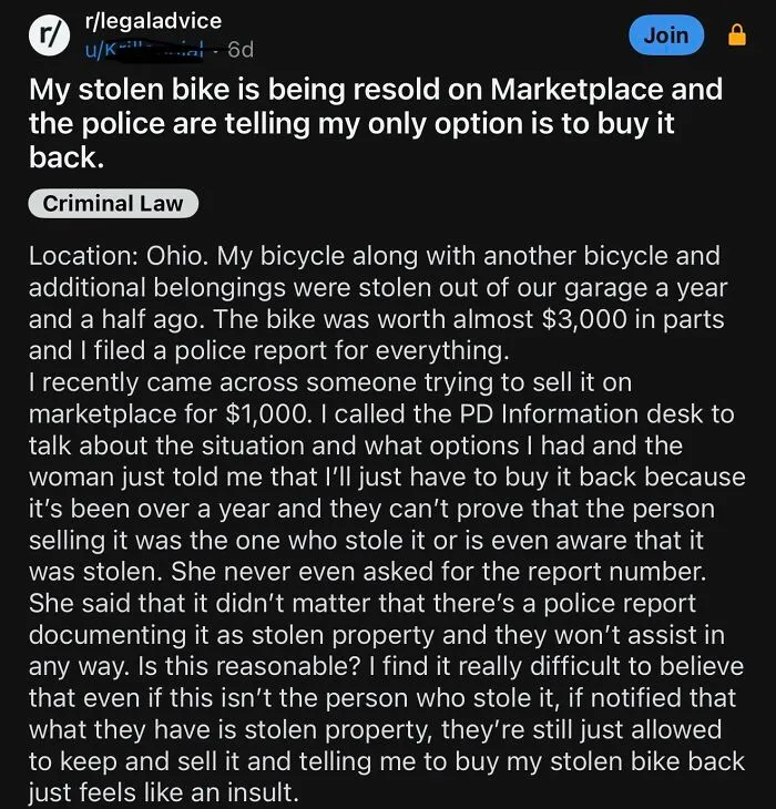Legal advice post about stolen bike resale during financial dystopia