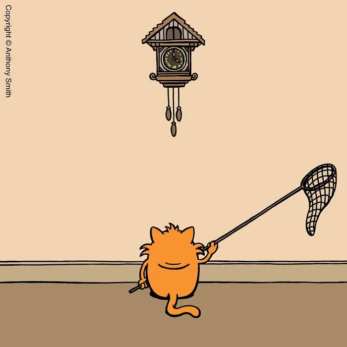 Funny cat comic featuring an orange cat holding a net under a cuckoo clock.